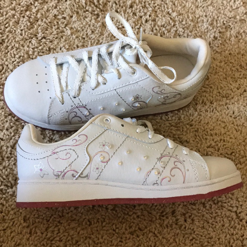 White pink sneakers shoes girls floral swirls